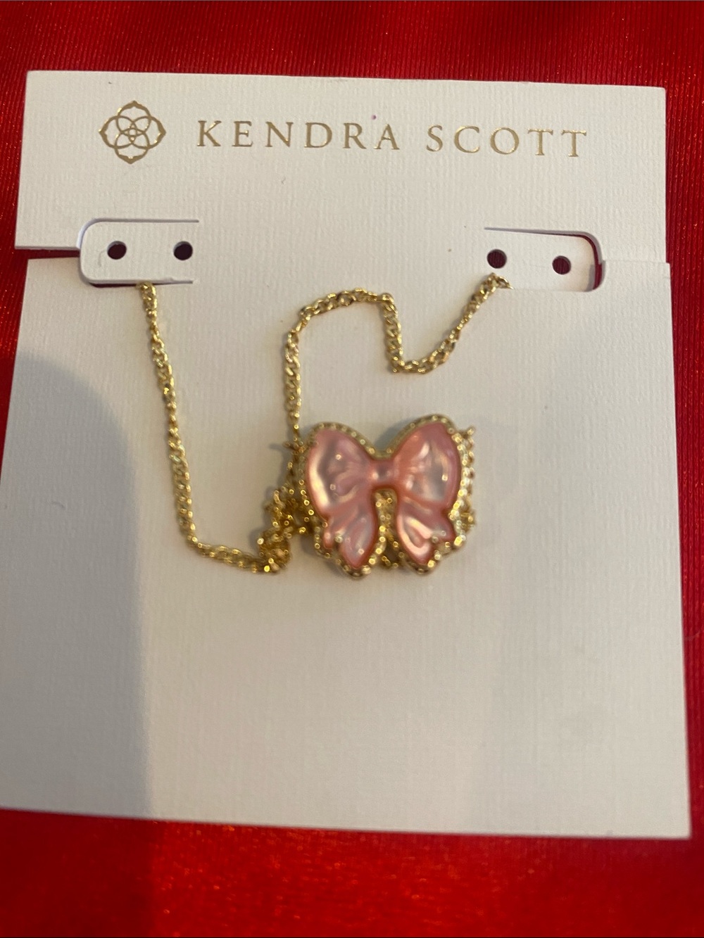 Kendra Scott Pink Enamel Bow Necklace with Gold Chain